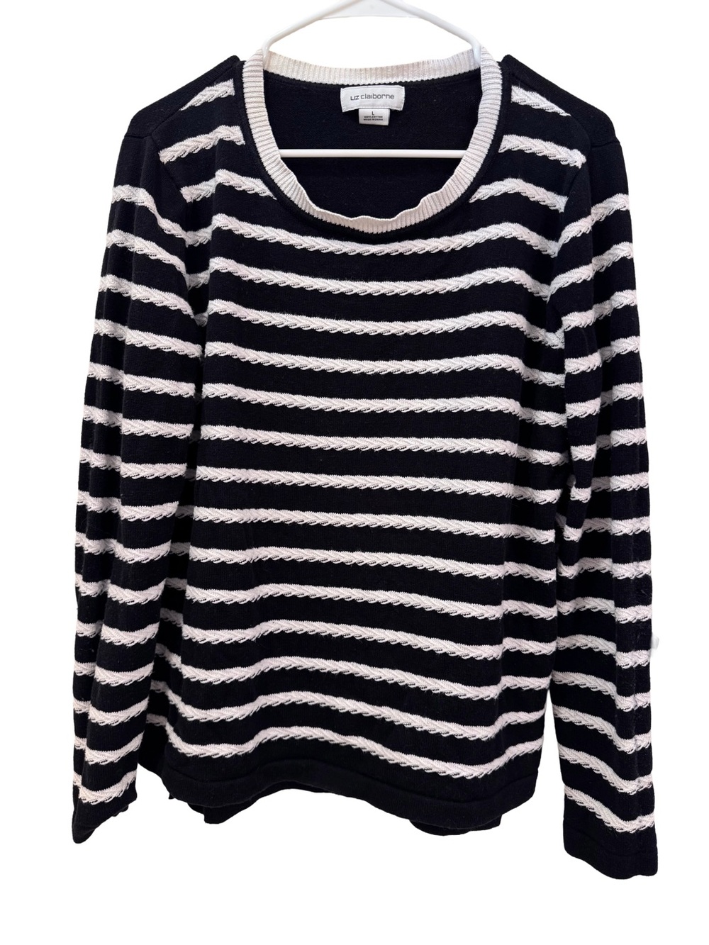 Liz Claiborne Black White Striped Cable Knit Textured Crewneck Sweater Large L